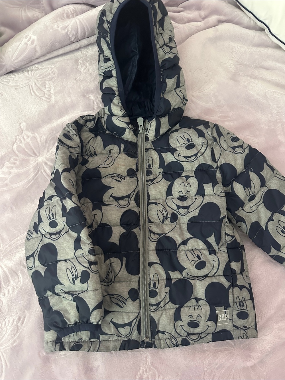 GAP Kids Mickey Mouse Hooded Puffer Jacket - Gray & Black